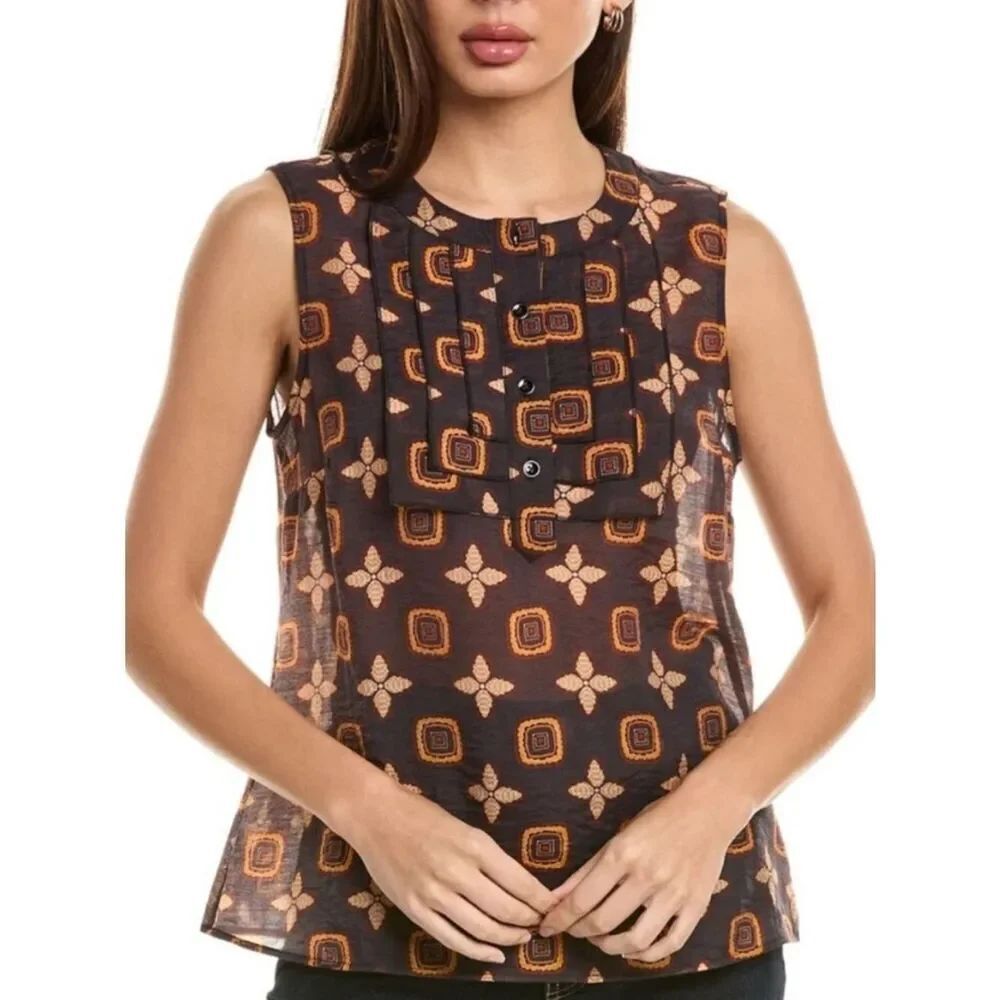 Cabi Louis Medallion Sleeveless Blouse Top Brown Womens Large